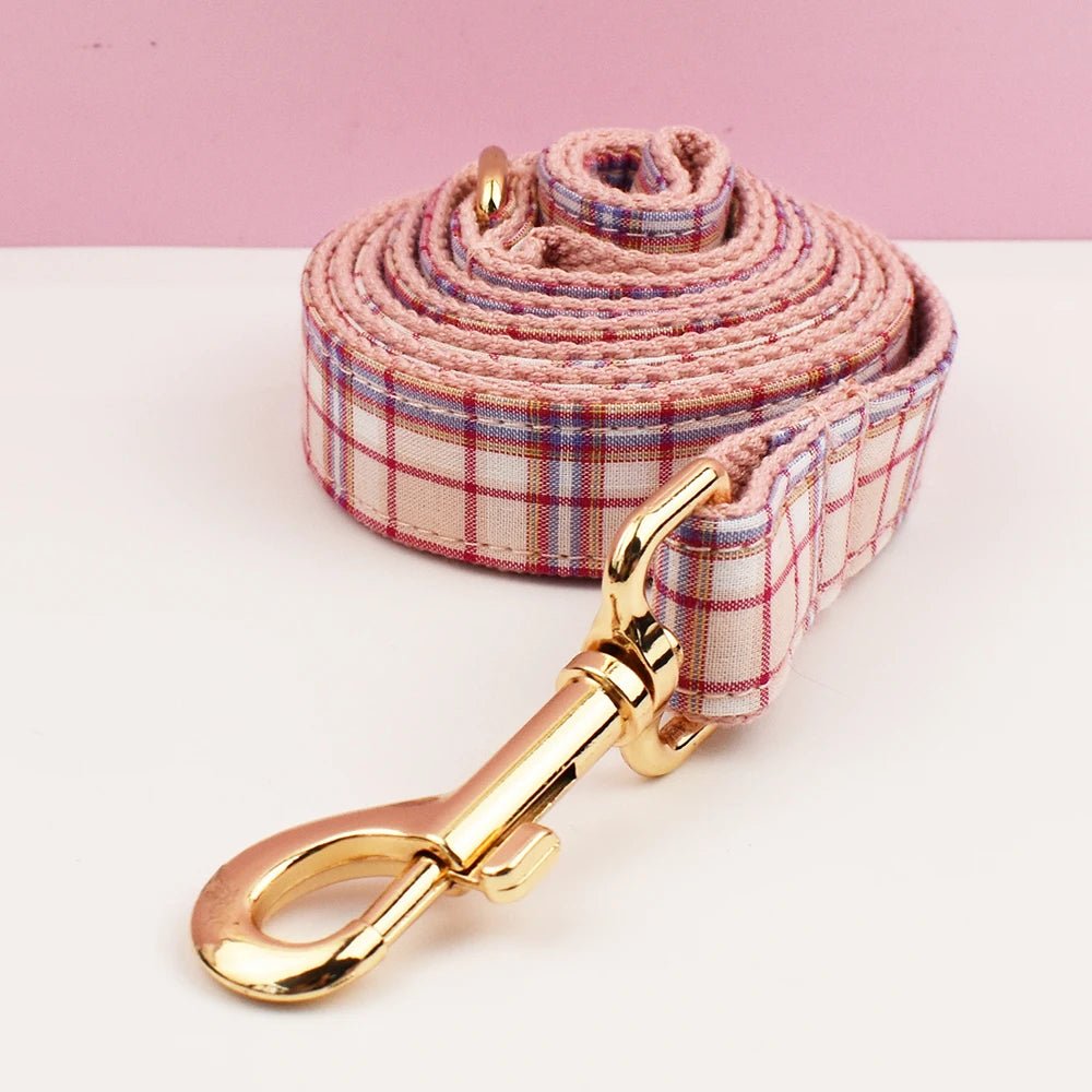 Petspuff Personalised Pink Plaid Dog Collar, Harness & Lead Set – Engraved Name Tag & Bow - Petspuff