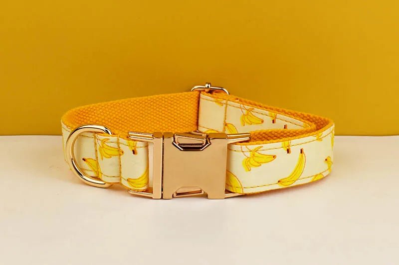 Petspuff Personalised Banana Print Dog Collar, Harness & Lead Set – Engraved Name Tag & Bow