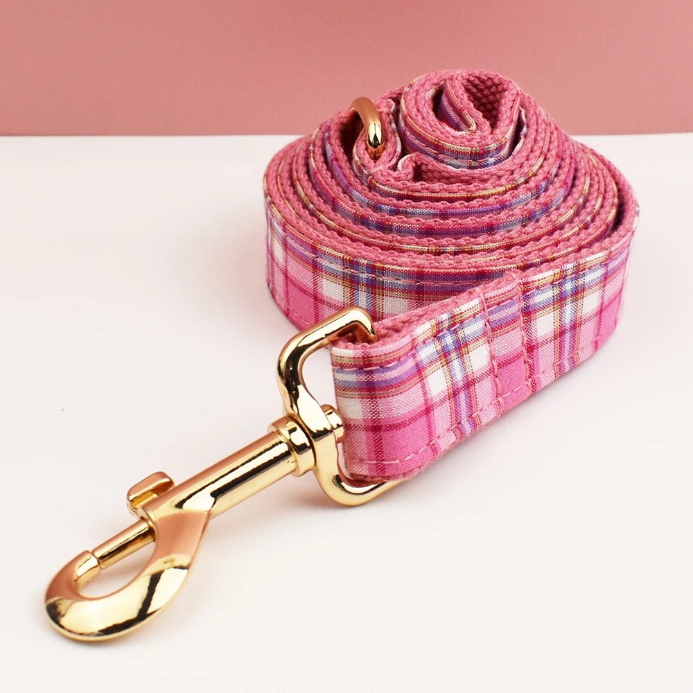 Petspuff Personalised Rose Pink Plaid Dog Collar, Harness & Lead Set – Engraved Name Tag