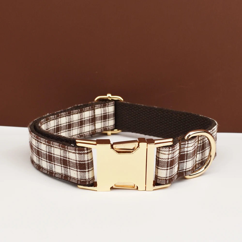 Petspuff Personalised Coffee Plaid Dog Collar, Harness & Lead Set – Engraved Name Tag & Bow