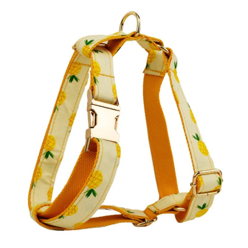 Petspuff Personalised Pineapple Print Dog Collar, Harness & Lead Set – Engraved Name Tag & Bow - Petspuff