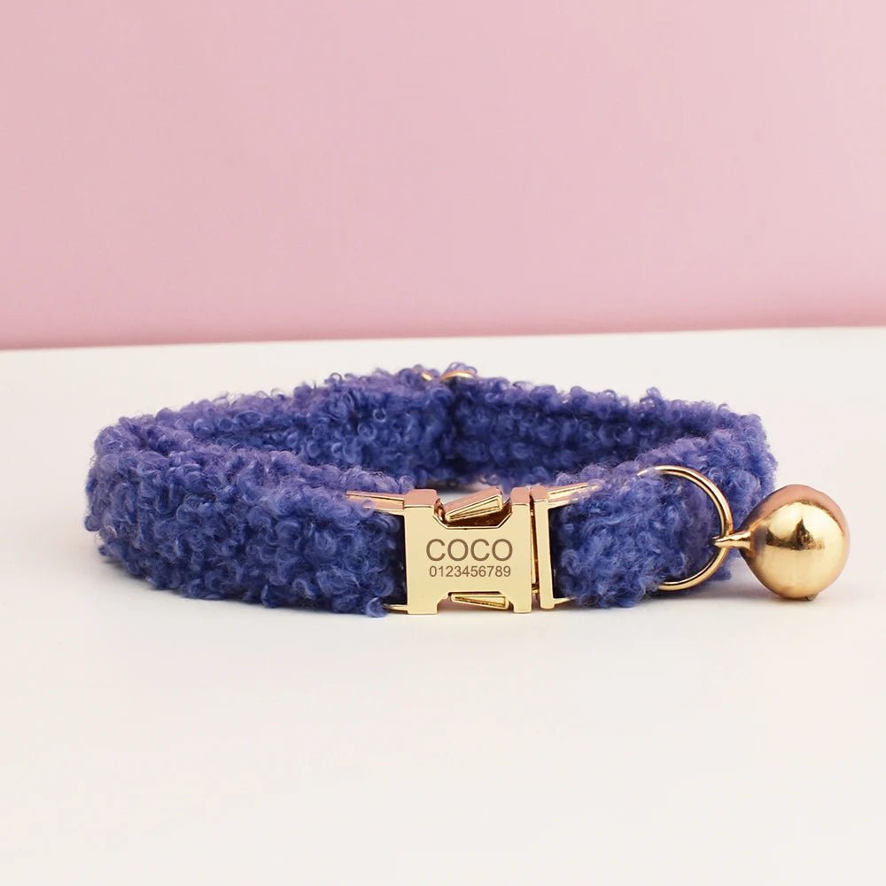 Petspuff Personalised Teddy Fleece Cat Collar with Bell & Bow Tie – Engraved Name Tag