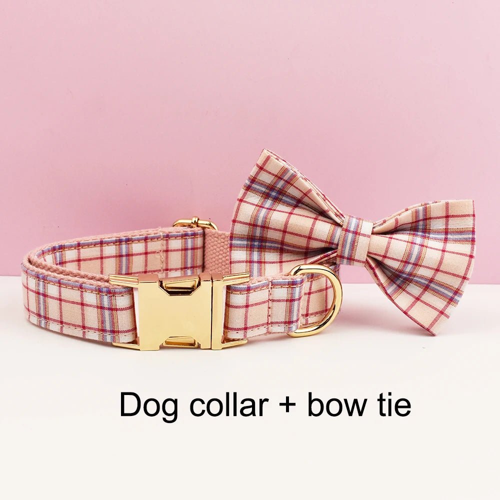 Petspuff Personalised Pink Plaid Dog Collar, Harness & Lead Set – Engraved Name Tag & Bow - Petspuff