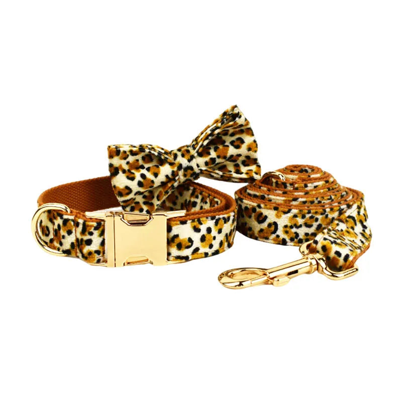 Petspuff Personalised Leopard Print Dog Collar & Lead Set – Engraved Name Tag, Harness & Poop Bag Holder