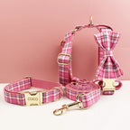 Petspuff Personalised Rose Pink Plaid Dog Collar, Harness & Lead Set – Engraved Name Tag