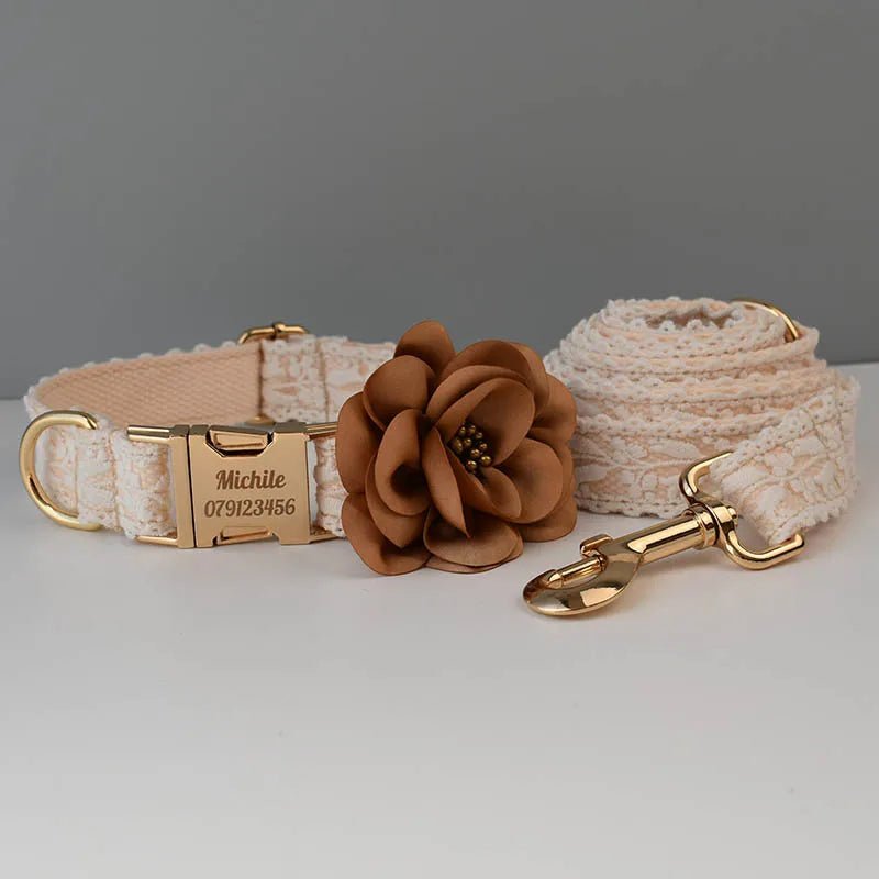Petspuff Personalised Lace Dog Collar & Lead – Gold or Rose Gold, Engraved Nameplate | Wedding