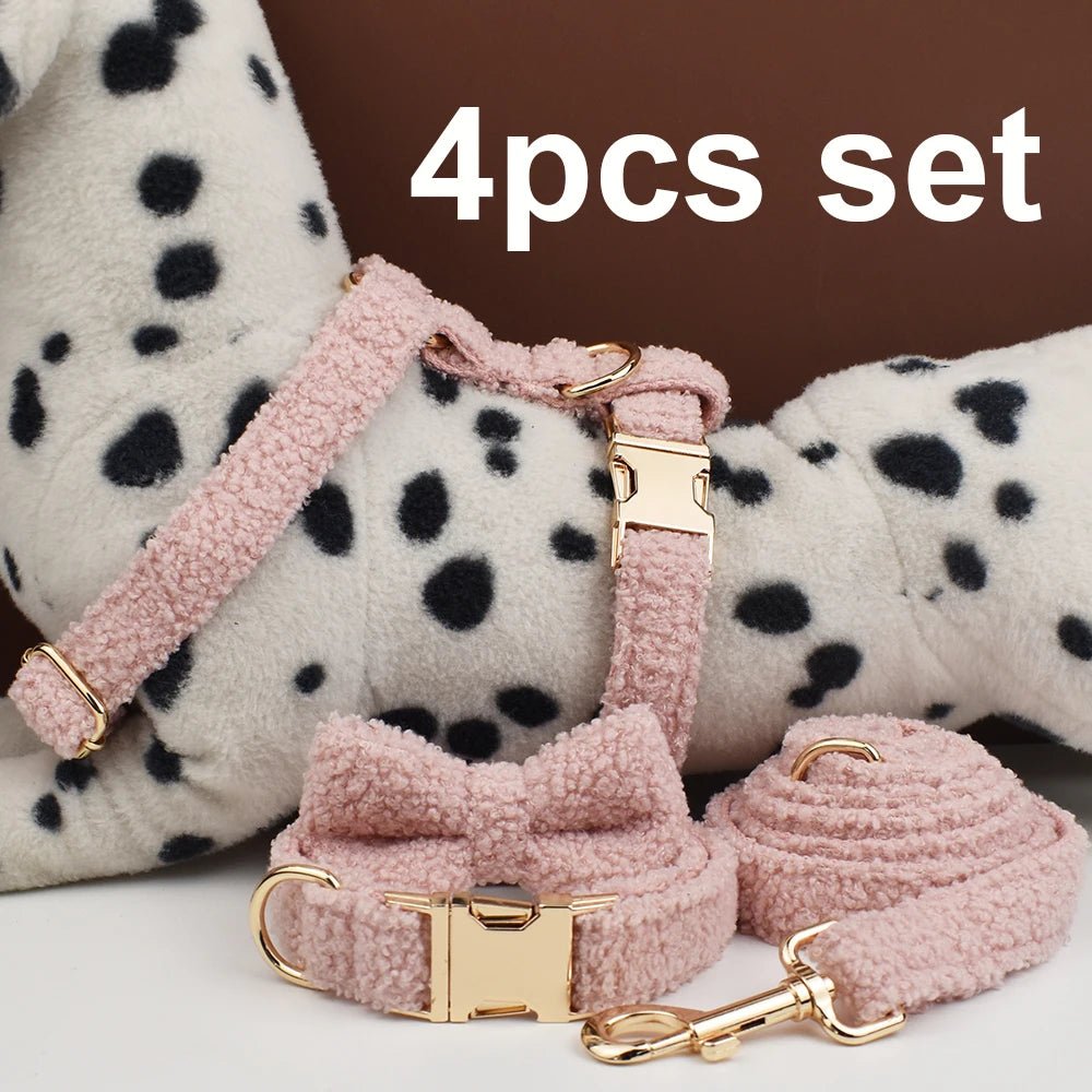 Petspuff Personalised Teddy Fleece Dog Collar & Lead Set – Engraved Name Tag, Harness | 4 Colours - Petspuff