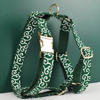 Petspuff Green Leaf Print Cotton Dog Collar, Harness & Lead Set with Bow – XS–XL