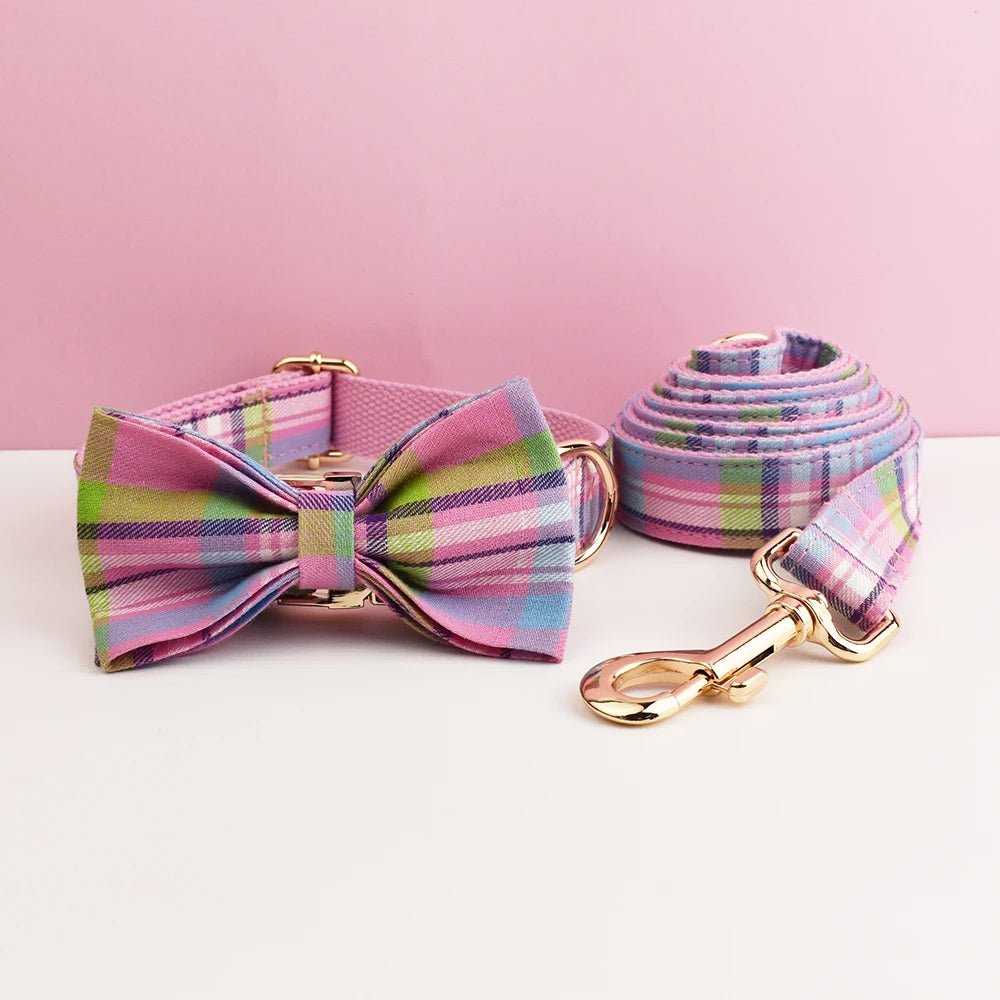 Petspuff Personalised Plaid Dog Collar, Harness & Lead Set – Engraved Name Tag & Bow - Petspuff