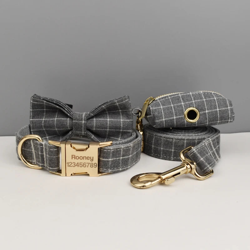 Petspuff Personalised Grey Check Dog Collar, Harness & Lead Set – Engraved Name Tag, Bow & Poop Bag Holder
