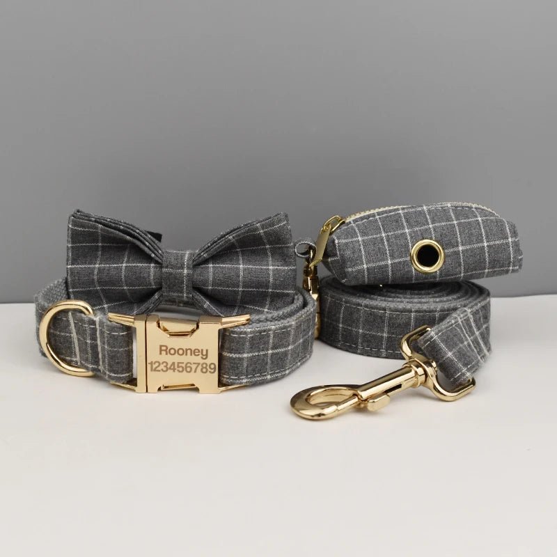 Petspuff Personalised Grey Check Dog Collar, Harness & Lead Set – Engraved Name Tag, Bow & Poop Bag Holder