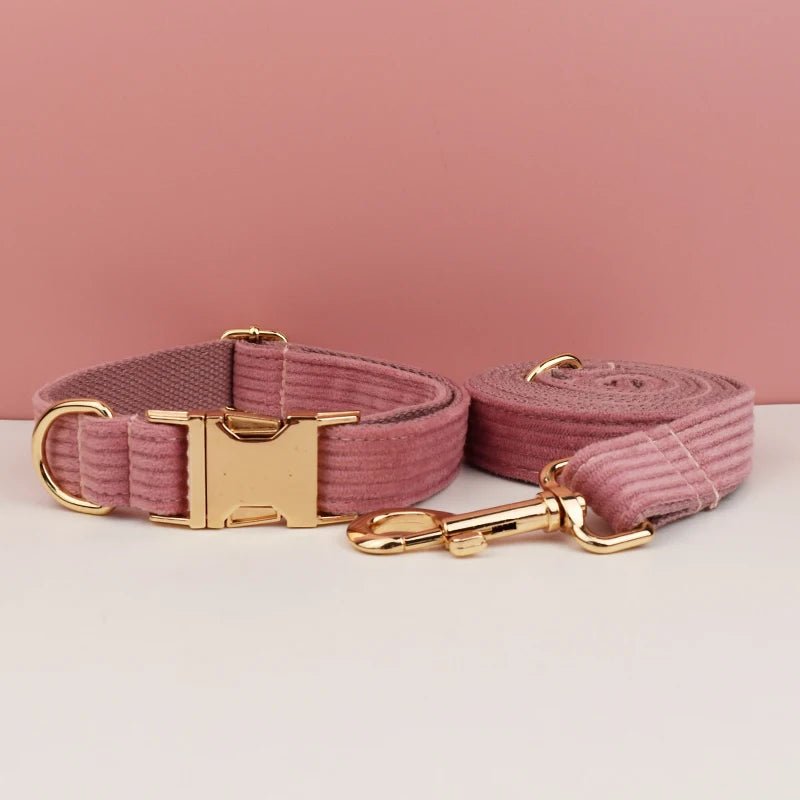 Petspuff Personalised Nude Pink Corduroy Dog Collar & Lead Set – Engraved Name Tag, Bow & Harness