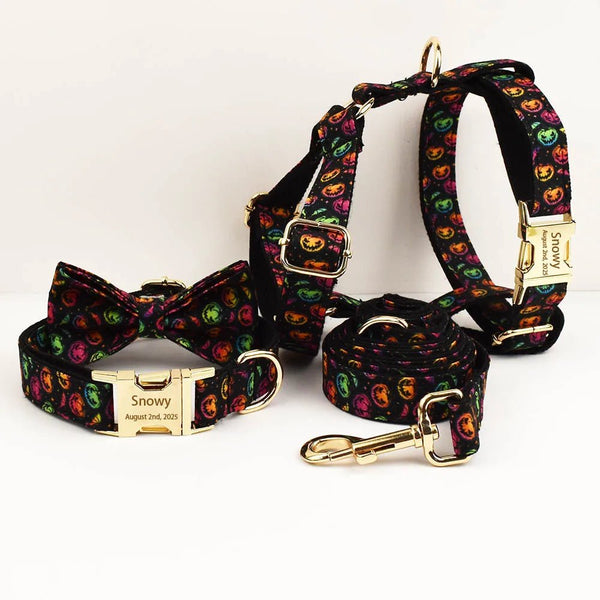 Petspuff Personalised Halloween Dog Collar, Harness & Lead Set – Free Engraved ID Nameplate & Bow | Style 2