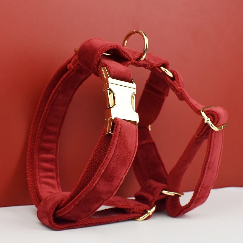 Petspuff Personalised Cherry Red Velvet Dog Collar & Lead Set – Engraved Name Tag, Bow & Harness - Petspuff