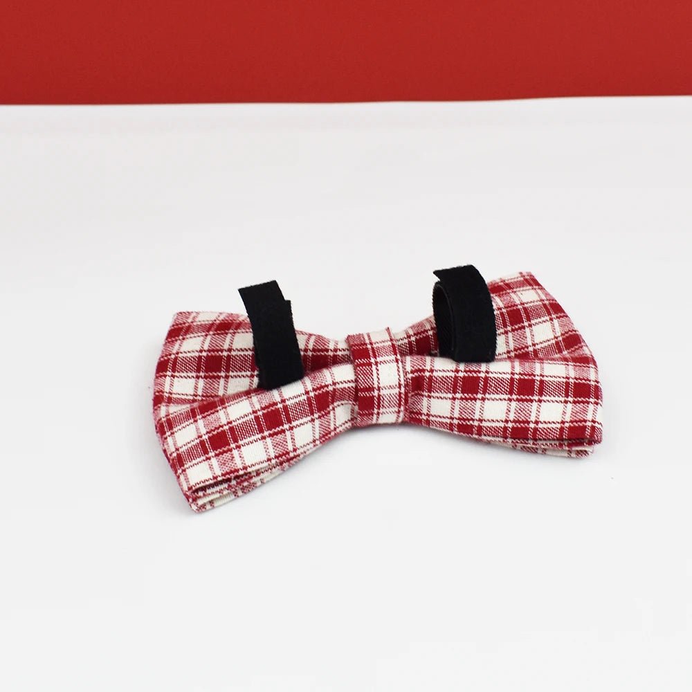Petspuff Personalised Red Plaid Dog Collar, Harness & Lead Set – Engraved Name Tag & Bow | Style 28