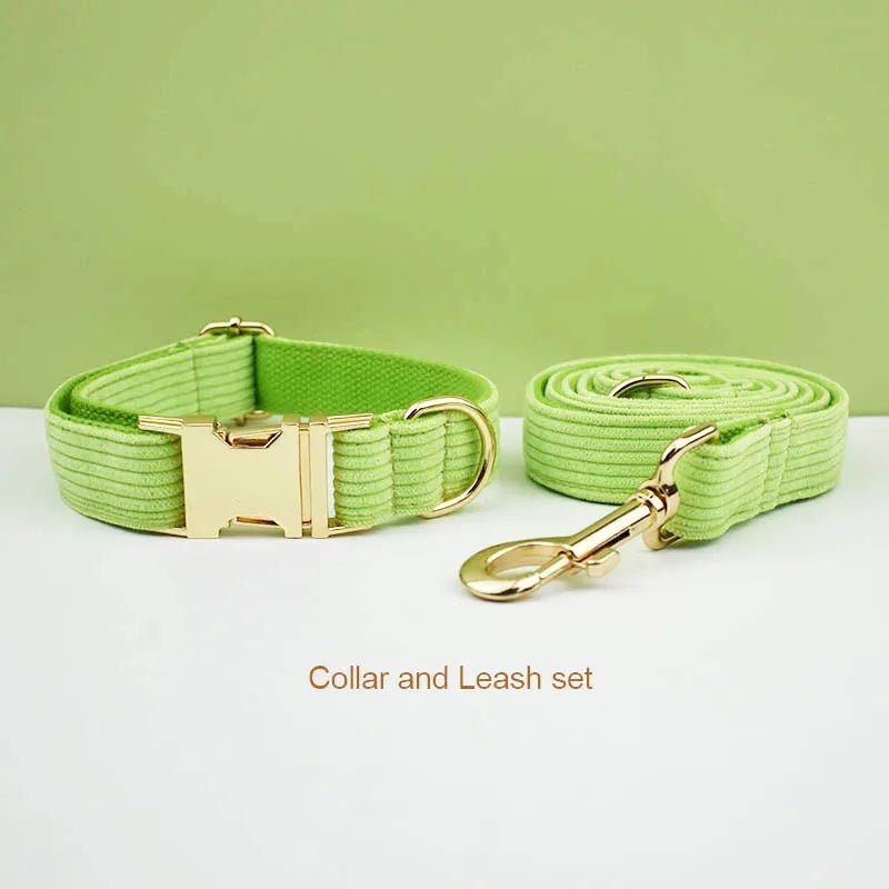 Petspuff Personalised Apple Green Corduroy Dog Collar & Lead Set – Engraved Name Tag, Bow & Harness