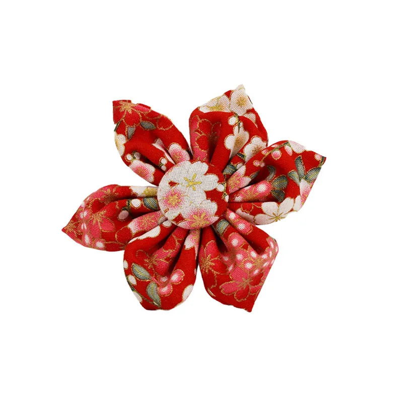 Petspuff Personalised Red Floral Cotton Dog Collar, Harness & Lead Set – Engraved Name Tag, Bow & Flower