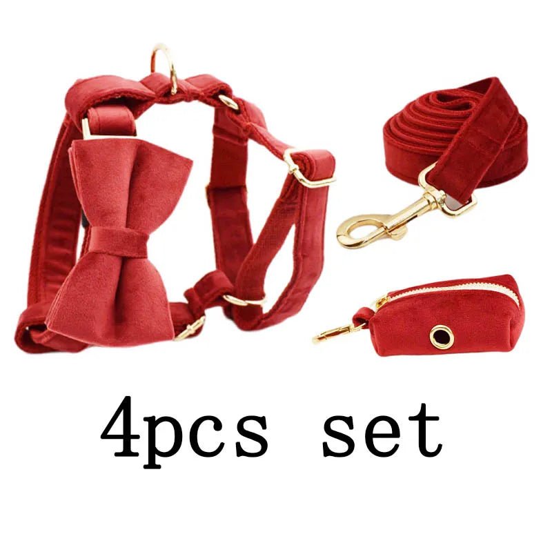 Petspuff Personalised Cherry Red Velvet Dog Collar & Lead Set – Engraved Name Tag, Bow & Harness - Petspuff