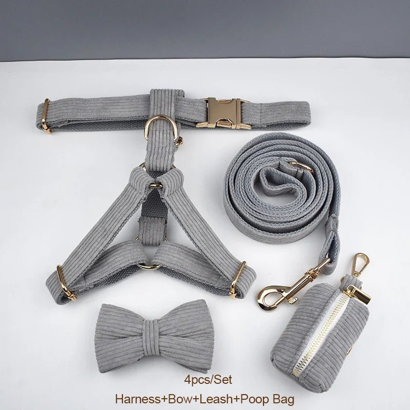 Petspuff Personalised Light Grey Corduroy Dog Collar & Lead Set – Engraved Name Tag, Bow & Harness