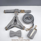 Petspuff Personalised Light Grey Corduroy Dog Collar & Lead Set – Engraved Name Tag, Bow & Harness
