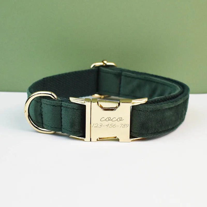 Petspuff Personalised Velvet Dog Collar with Gold Buckle, Bow Tie & Lead – Engraved Name Tag