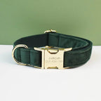 Petspuff Personalised Velvet Dog Collar with Gold Buckle, Bow Tie & Lead – Engraved Name Tag