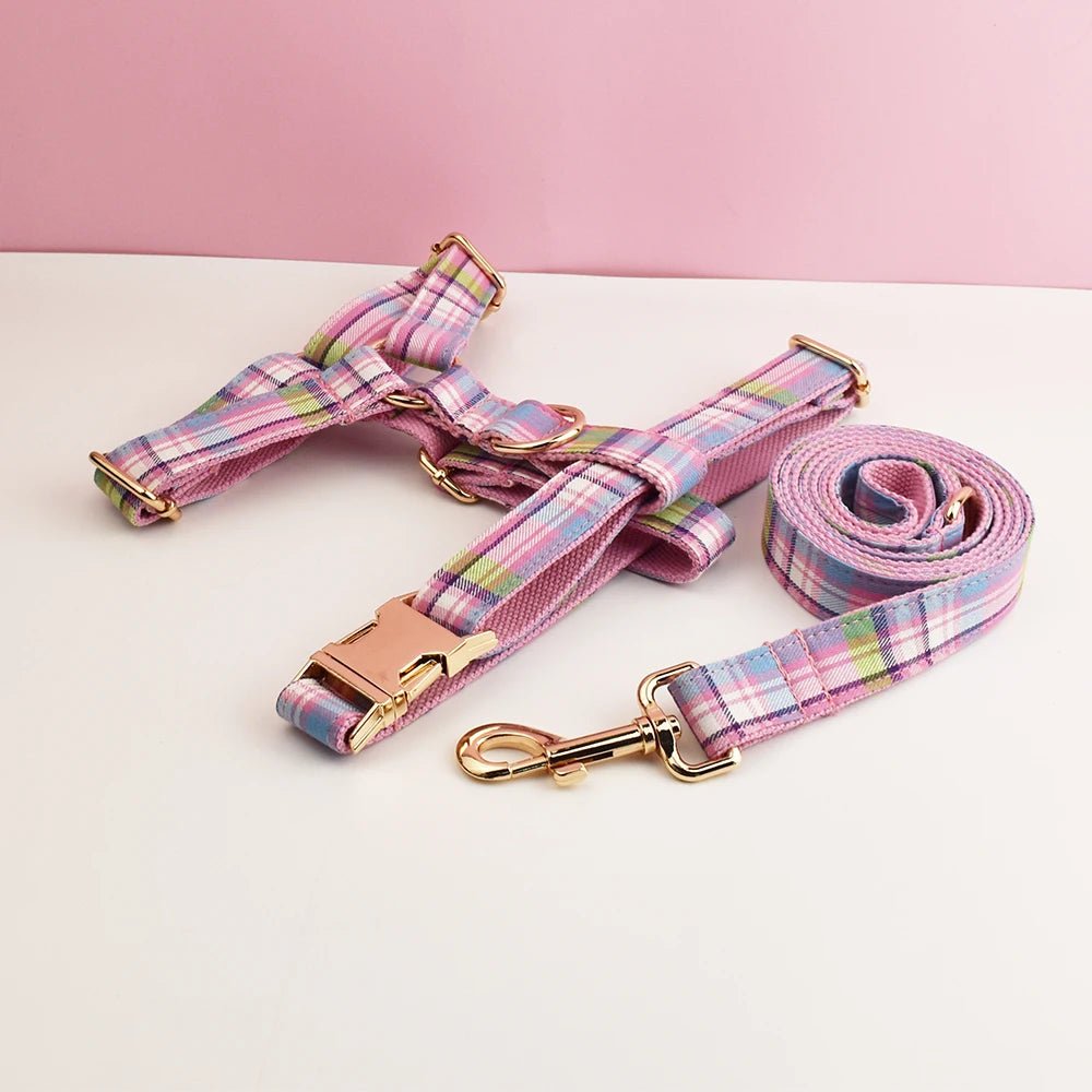 Petspuff Personalised Plaid Dog Collar, Harness & Lead Set – Engraved Name Tag & Bow - Petspuff