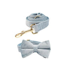 Petspuff Personalised Nordic Blue Velvet Dog Collar & Lead Set – Engraved Name Tag, Bow & Harness