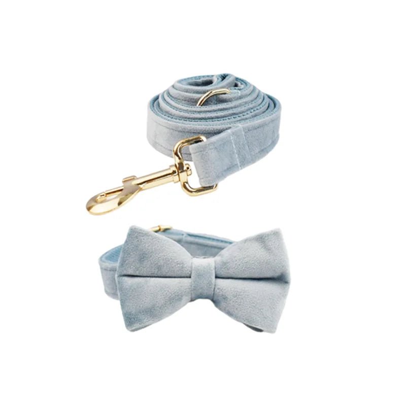 Petspuff Personalised Nordic Blue Velvet Dog Collar & Lead Set – Engraved Name Tag, Bow & Harness