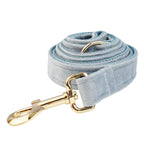 Petspuff Personalised Nordic Blue Velvet Dog Collar & Lead Set – Engraved Name Tag, Bow & Harness
