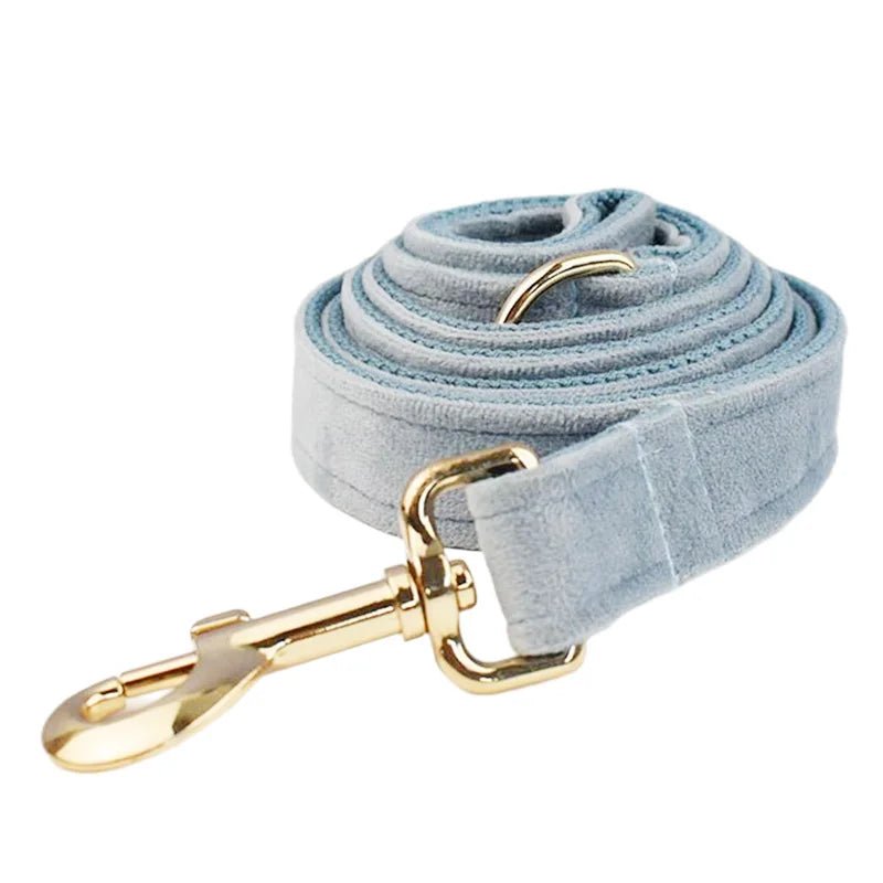 Petspuff Personalised Nordic Blue Velvet Dog Collar & Lead Set – Engraved Name Tag, Bow & Harness