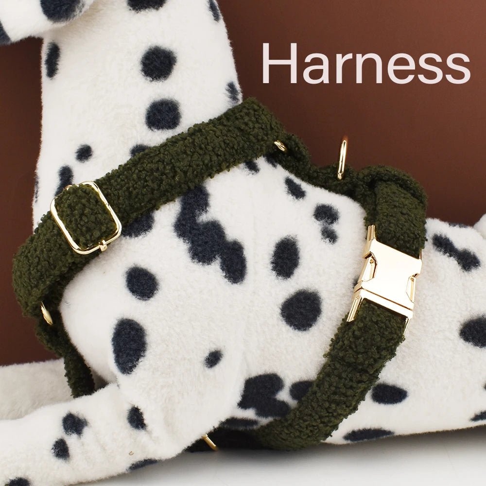 Petspuff Personalised Teddy Fleece Dog Collar & Lead Set – Engraved Name Tag, Harness | 4 Colours - Petspuff