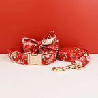 Petspuff Personalised Red Floral Cotton Dog Collar, Harness & Lead Set – Engraved Name Tag, Bow & Flower