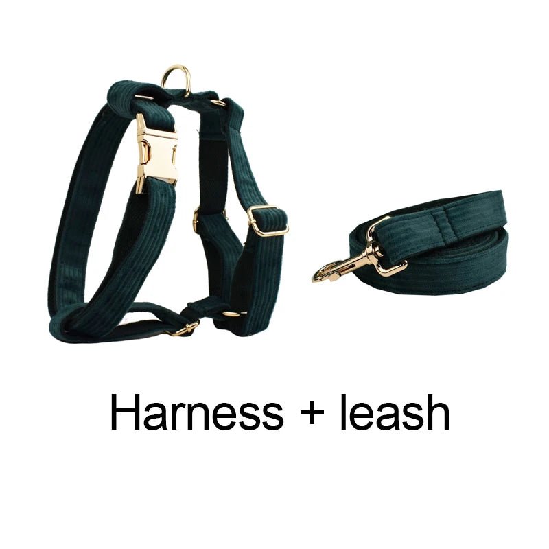 Petspuff Personalised Forest Green Corduroy Dog Collar & Lead Set – Engraved Name Tag, Bow & Harness - Petspuff