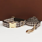 Petspuff Personalised Coffee Plaid Dog Collar, Harness & Lead Set – Engraved Name Tag & Bow