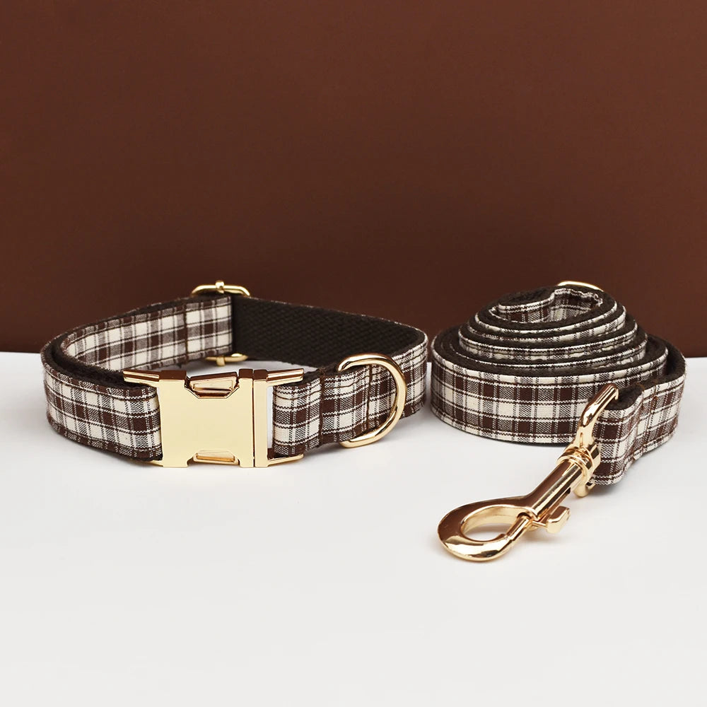 Petspuff Personalised Coffee Plaid Dog Collar, Harness & Lead Set – Engraved Name Tag & Bow