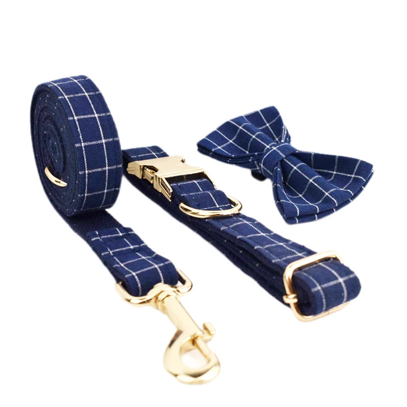 Petspuff Personalised Navy Check Dog Collar & Lead Set – Engraved Name Tag, Bow & Harness