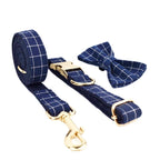 Petspuff Personalised Navy Check Dog Collar & Lead Set – Engraved Name Tag, Bow & Harness