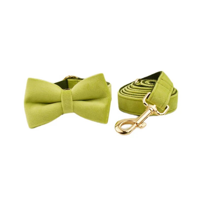 Petspuff Personalised Avocado Green Velvet Dog Collar & Lead Set – Engraved Name Tag, Bow & Harness - Petspuff