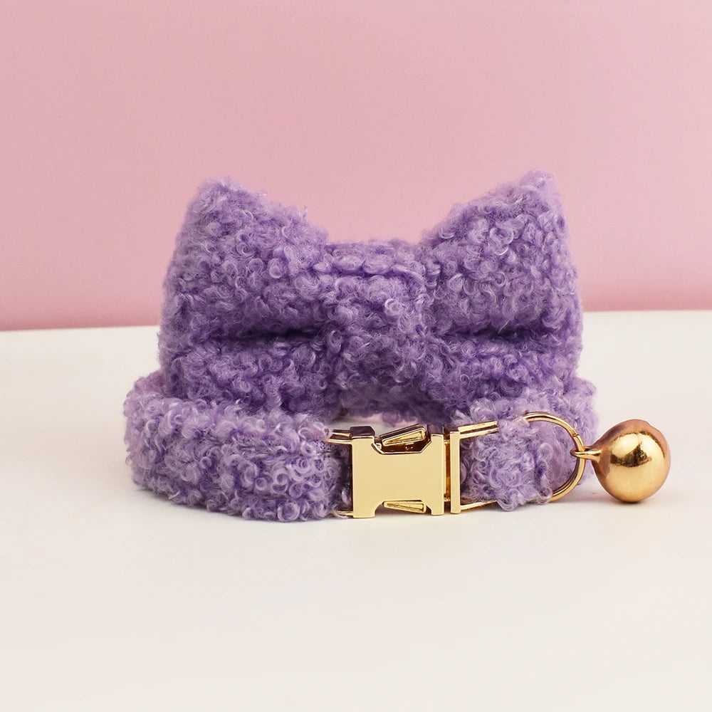 Petspuff Personalised Teddy Fleece Cat Collar with Bell & Bow Tie – Engraved Name Tag