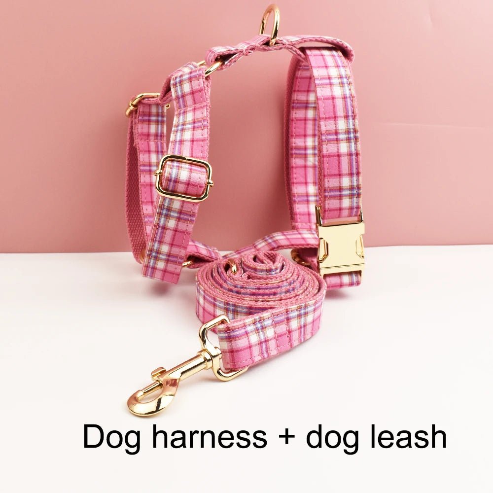 Petspuff Personalised Rose Pink Plaid Dog Collar, Harness & Lead Set – Engraved Name Tag