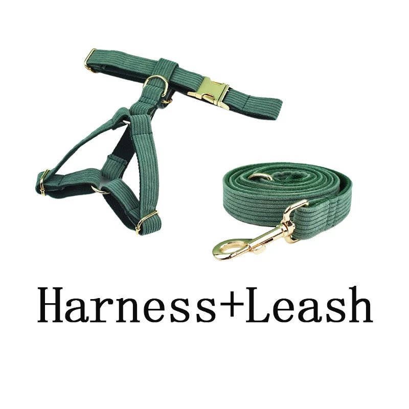 Petspuff Personalised Dark Green Corduroy Dog Collar & Lead Set – Engraved Name Tag, Bow & Harness - Petspuff