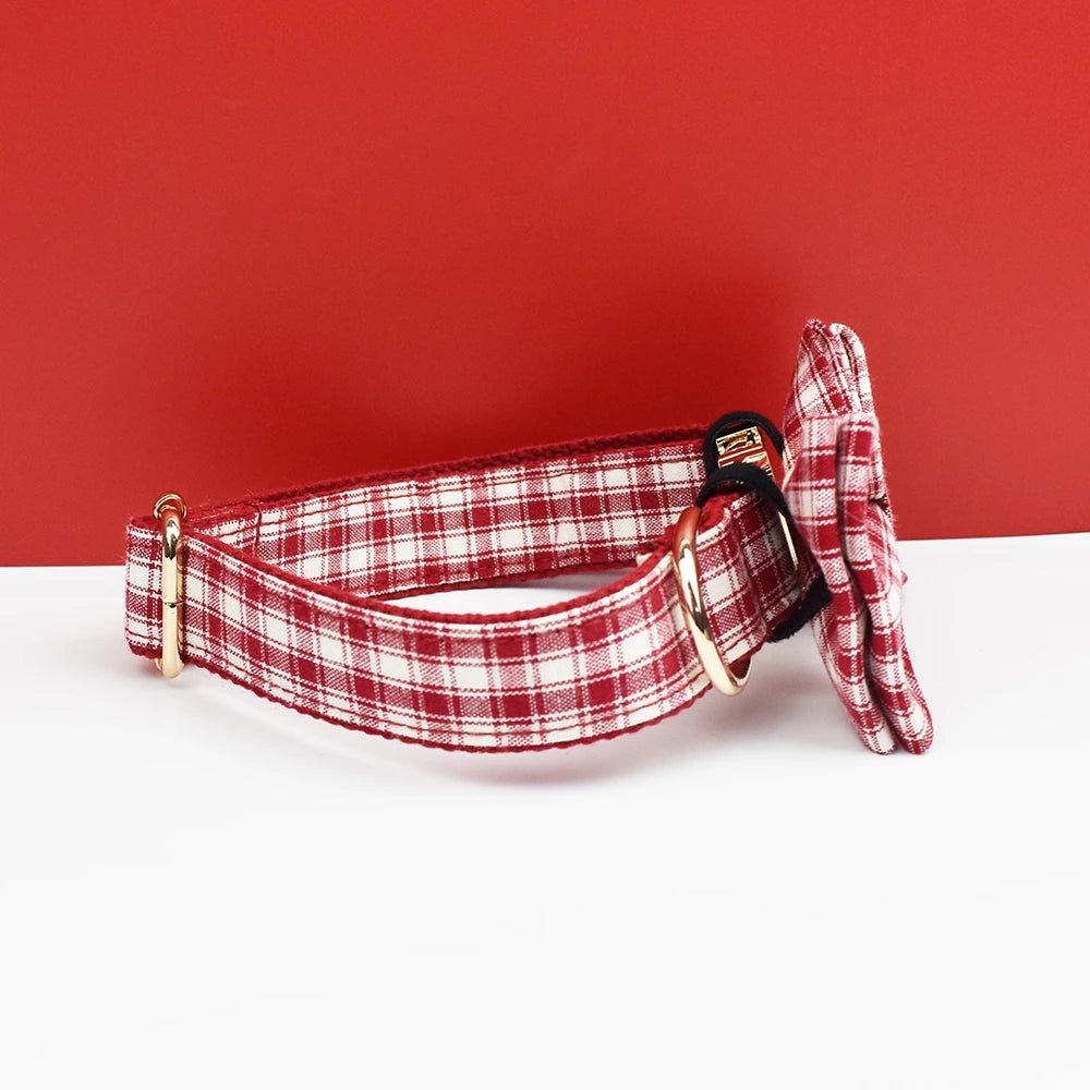 Petspuff Personalised Red Plaid Dog Collar, Harness & Lead Set – Engraved Name Tag & Bow | Style 28