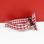 Petspuff Personalised Red Plaid Dog Collar, Harness & Lead Set – Engraved Name Tag & Bow | Style 28