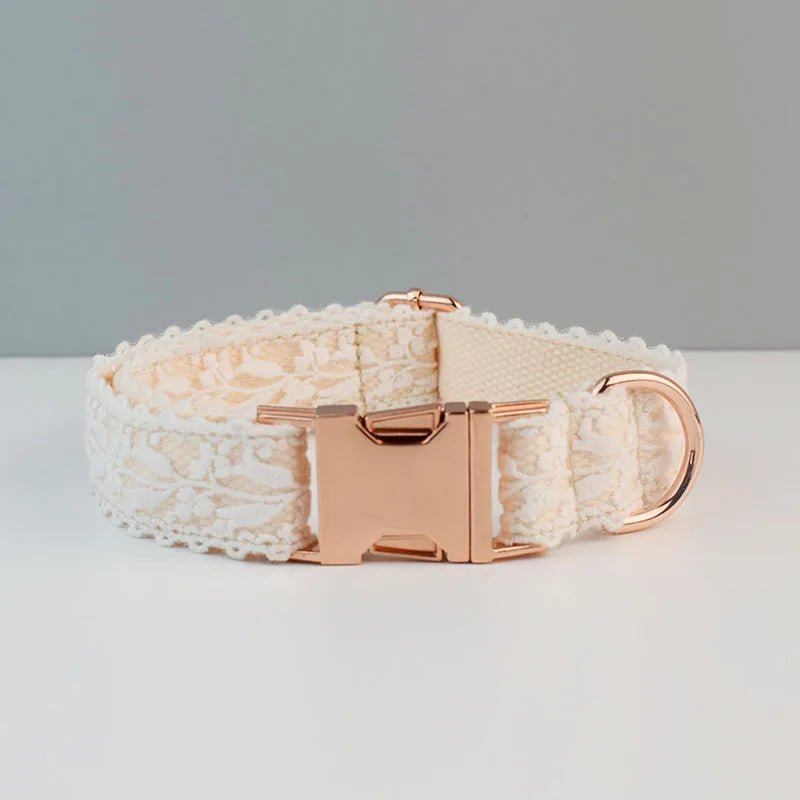 Petspuff Personalised Lace Dog Collar & Lead – Gold or Rose Gold, Engraved Nameplate | Wedding