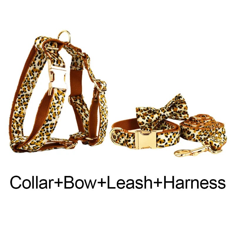 Petspuff Personalised Leopard Print Dog Collar & Lead Set – Engraved Name Tag, Harness & Poop Bag Holder