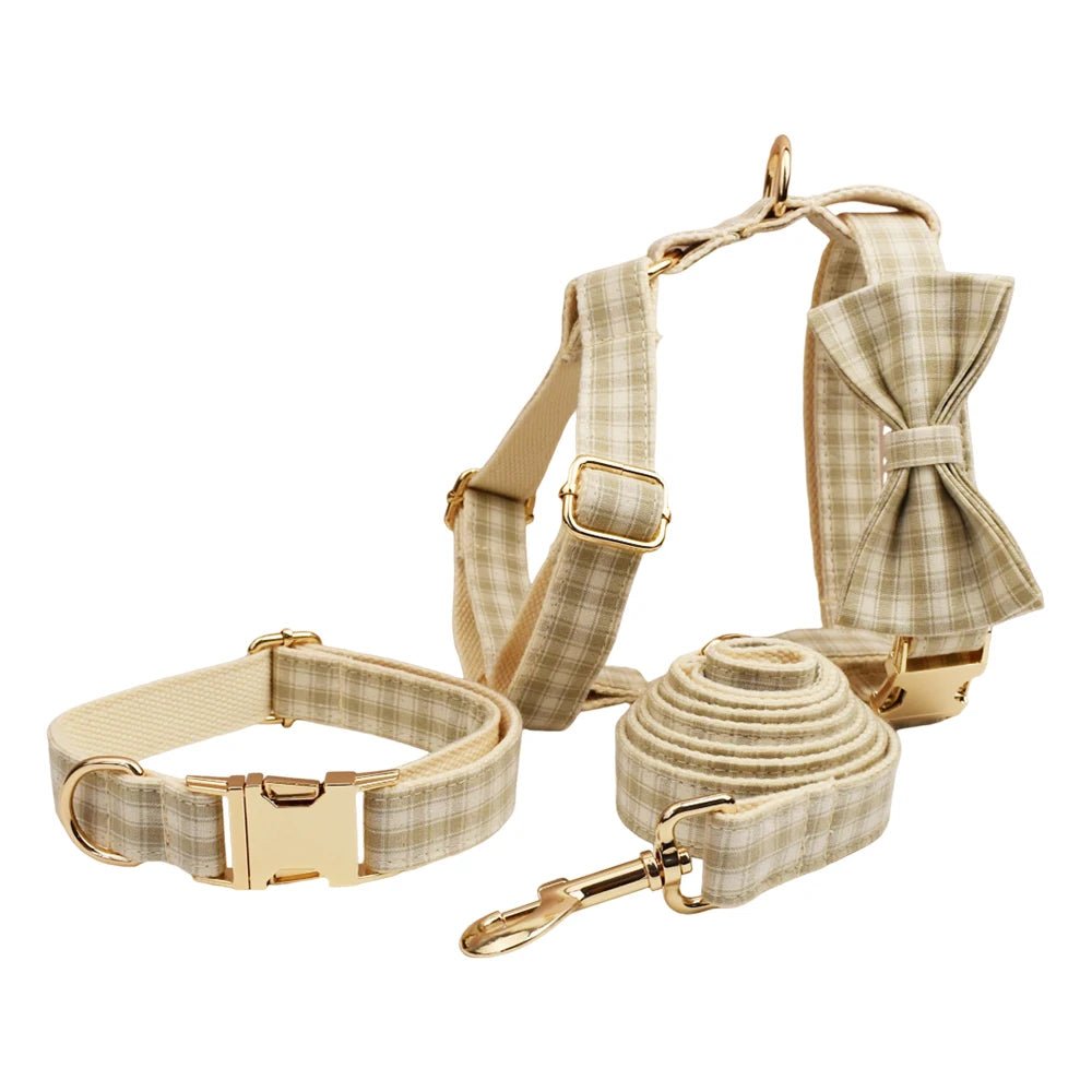 Petspuff Personalised Plaid Dog Collar, Harness & Lead Set – Engraved Name Tag & Bow | Style 23
