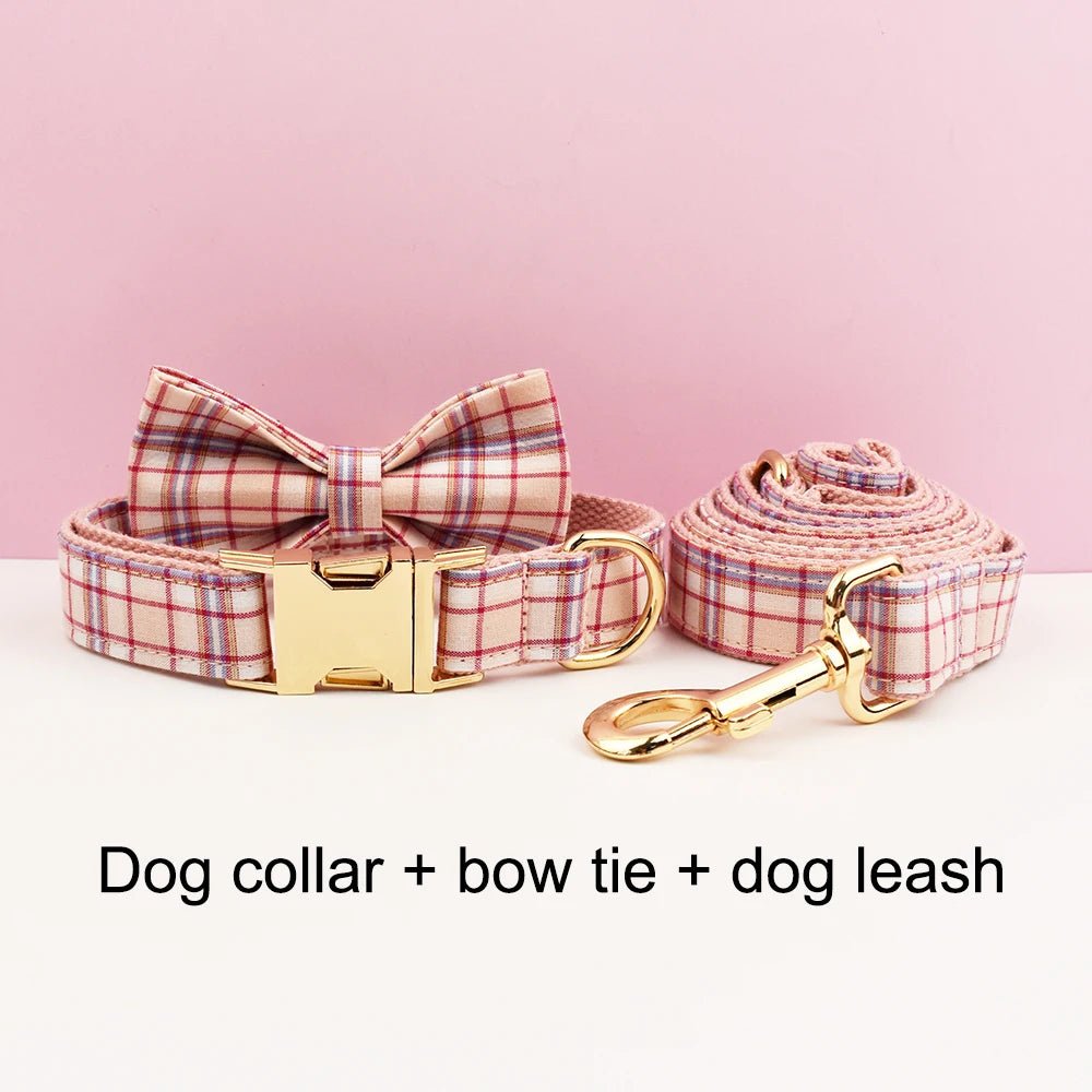 Petspuff Personalised Pink Plaid Dog Collar, Harness & Lead Set – Engraved Name Tag & Bow - Petspuff