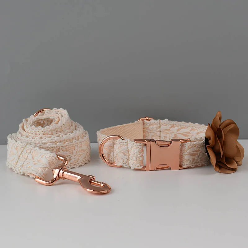 Petspuff Personalised Lace Dog Collar & Lead – Gold or Rose Gold, Engraved Nameplate | Wedding