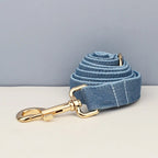 Petspuff Personalised Blue Denim Cotton Dog Collar, Harness & Lead Set – Engraved Name Tag & Bow